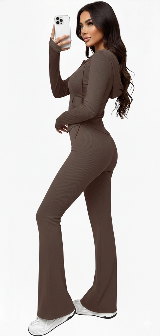 Women's Ribbed Knit Two-Piece Set: Long Sleeve Zip-Up Hoodie & High-Waisted Flare Pants