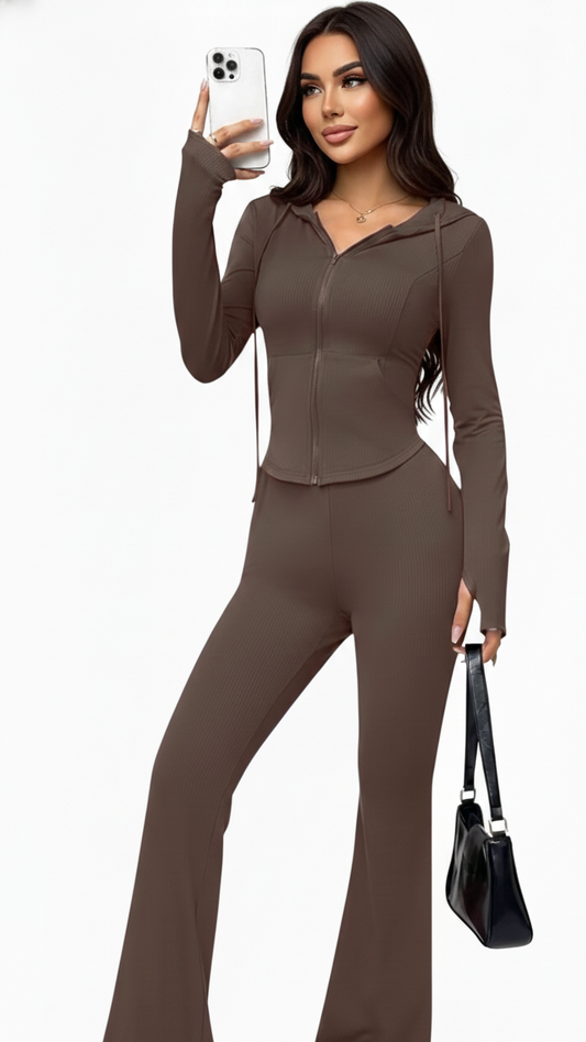 Women's Ribbed Knit Two-Piece Set: Long Sleeve Zip-Up Hoodie & High-Waisted Flare Pants